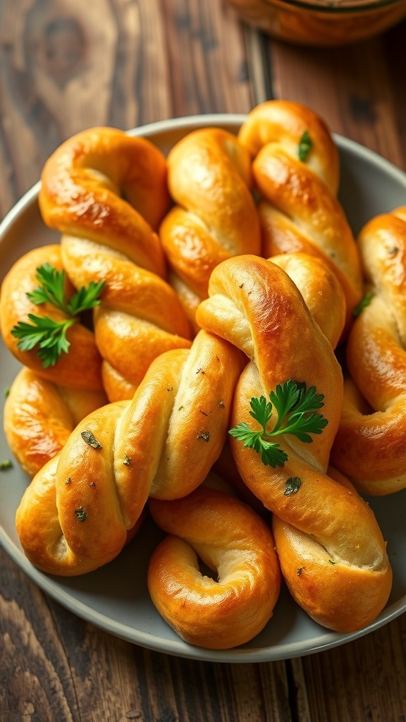 Homemade Garlic Bread Twists Recipe Golden-brown garlic bread twists garnished with parsley on a rustic wooden table.